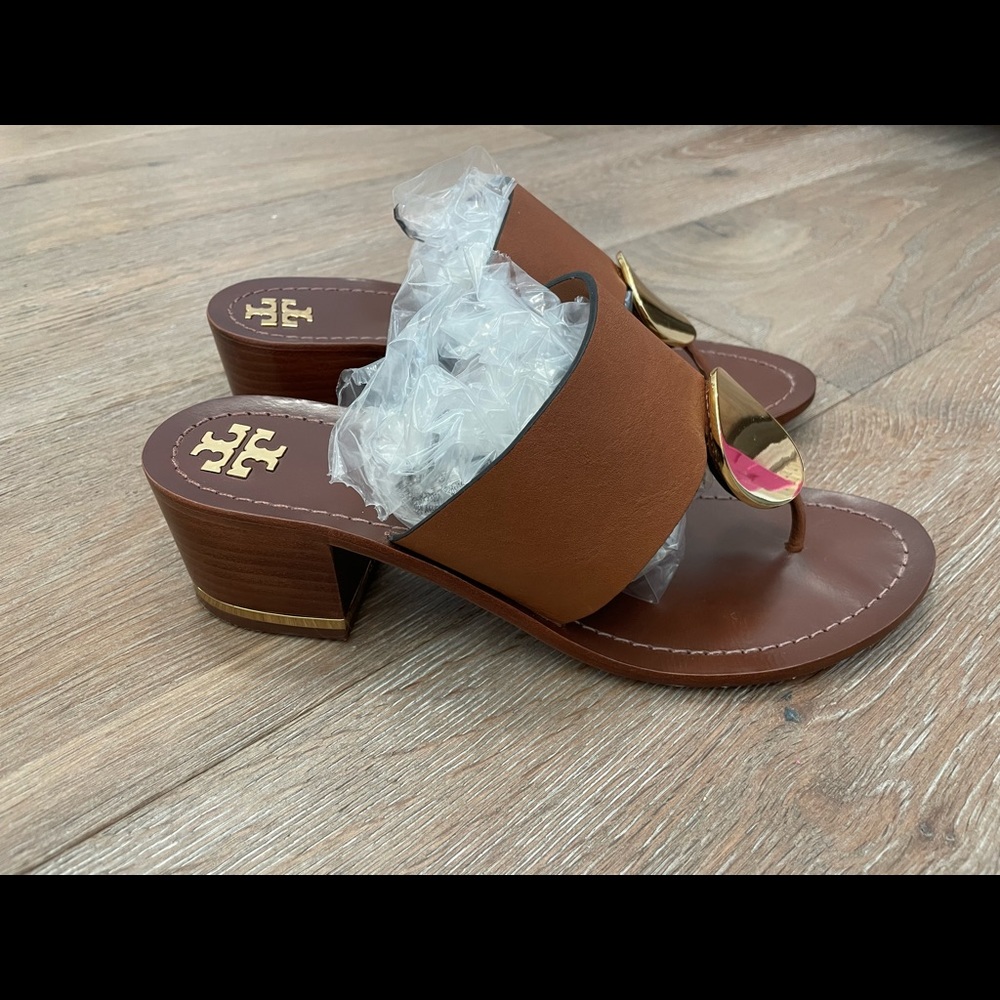 Tory Burch brown leather sandal heel with gold medal detail